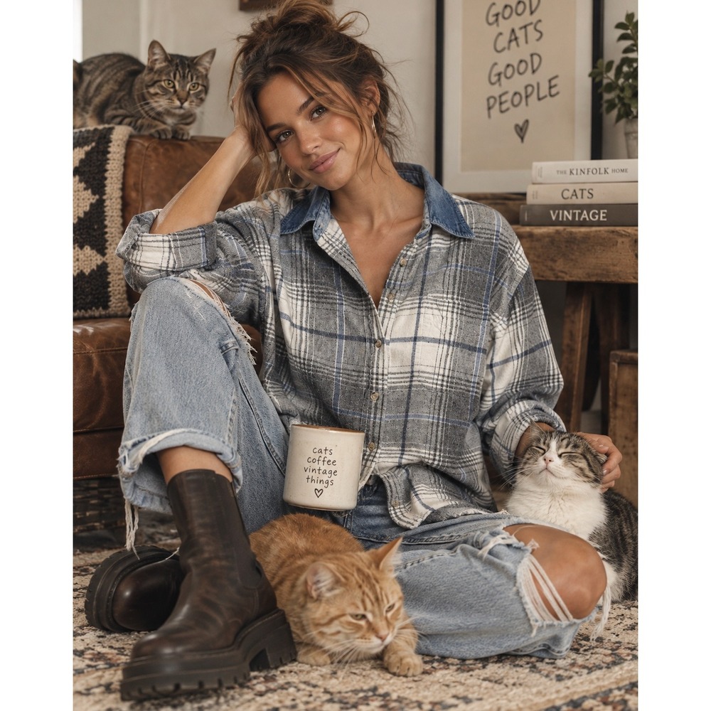 Purrfect Krazy Kat Plaid Flannel Shirt Womens Medium Denim Collar